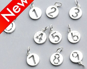Number Charms Lots Supplies - 925 Sterling Silver Initial Circle Charms - 0-9 Small Digit Pendant Finding (10mm)