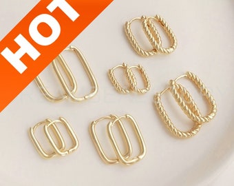 2-100 Pcs Rectangle Hoops 14K Gold Plated Minimalist Chunky Square Oblong Hoop Earring Finding