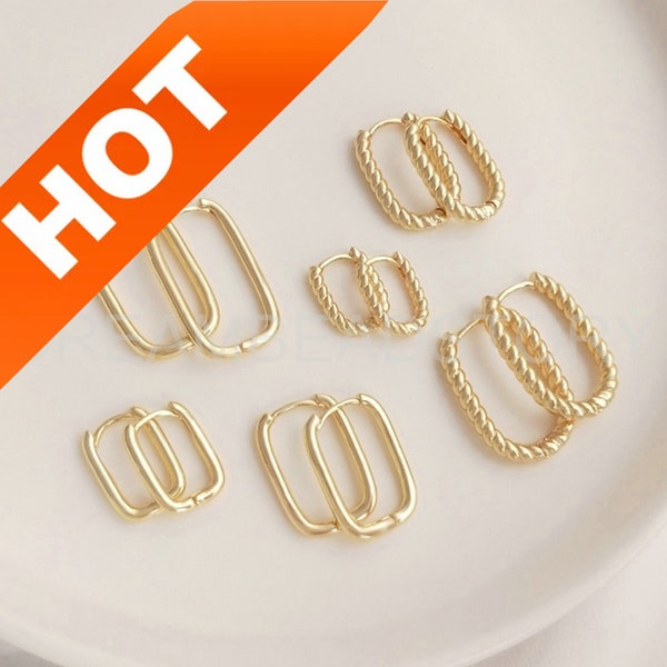 2-100 Pcs Rectangle Hoops 14K Gold Plated Minimalist Chunky Square Oblong Hoop Earring Finding