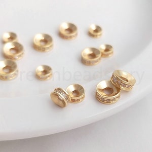 2-100 Pcs Spacer Beads Lots Bulk Wholesale Supply 14K Gold Plated Rondelle Charm Beads with Rhinestone (6/8mm)