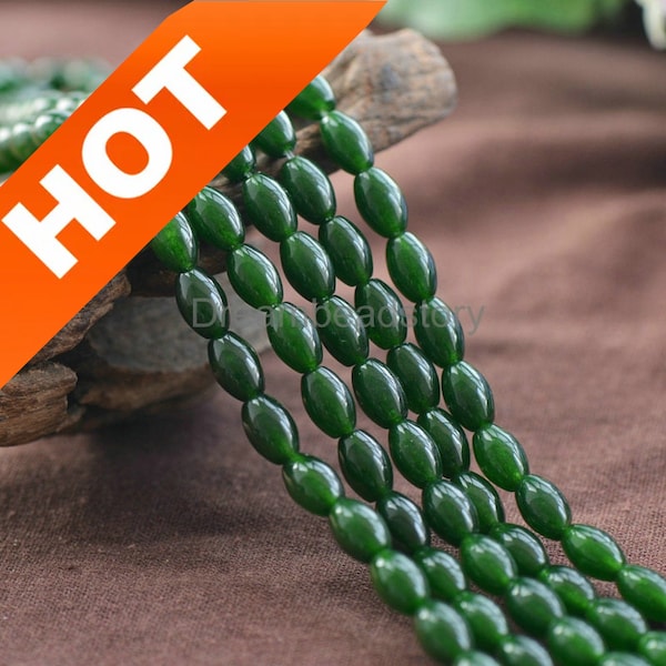 Dark Green Jade Rice Beads Supplies, Full Strand 8*12mm Oval Beads for Jewelry Making (JY77)