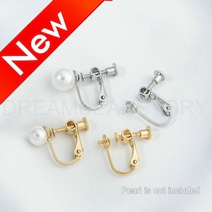 May include: Two pairs of gold and silver clip-on earrings. The earrings have a screw-on design and are meant to be worn with a pearl.  The text "Pearl is not included" is visible at the bottom of the image.
