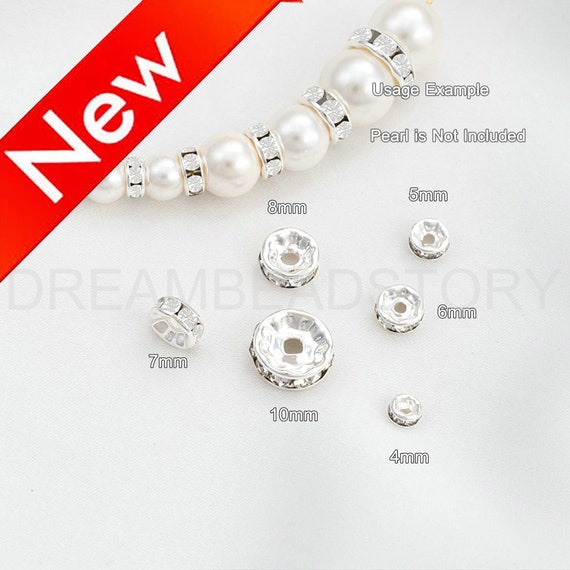 Silver Rondelle Beads with Rhinestone, 925 Silver Plated Over Brass Small Spacers Connector Finding (4/5/6/7/8/10mm)