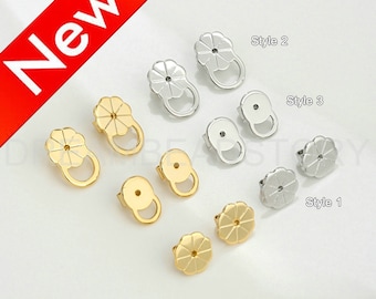 Hypoallergenic Earring Backs -Flower Charm Earring Stoppers with Loop -Secure Ear Nuts -White/14K Real Gold Plated Brass Stud Backing(6/8mm)