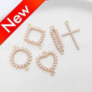 Lotes de conectores de joyería - Hallazgos de latón chapado en oro de 14 quilates y perlas de imitación con 2 presillas - Estilo corazón/círculo/cruz