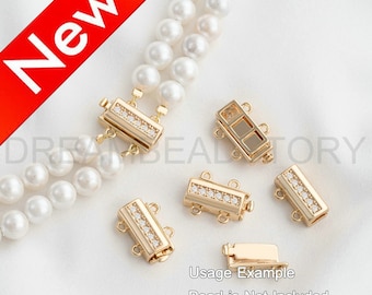 Multi Strand Box Clasp for Pearl Necklace Bracelet Making, 14K Real Gold Plated Brass with Rhinestone Rectangular Fasterner Closure Finding