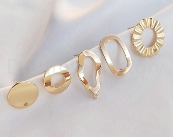 2-50 Pcs 14K Gold Plated Earring Post Finding Bulk Wholesale Supply Round/ Oval Geometric Earring Component with 925 Silver Pin