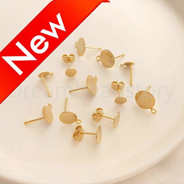 4-200 Pcs 14K Gold Plated Flat Pad Earring Studs Post 6/ 8/ 10mm Blank Flat Back Earring Cabochon Settings Glue On Posts(No/ w Loop)