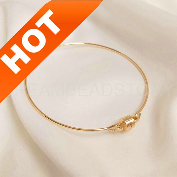 1-50 Pcs 14K Gold Plated Bangle Wire for Bracelet Making Blank Smooth Round Setting with Magnetic Tube Clasp