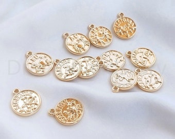 4-200 Pcs Zodiac Constellation Charm Pendant Lots Wholesale 14K Gold Plated Horoscope Astrological Symbol Sign Charms (12mm)