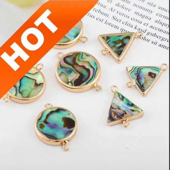 2-50 Pcs Natural Fancy Abalone Shell Flat Round/ Triangle Electroplate Edge Pendant Connector Beads for Necklace Earrings Making ( 2 Loops )