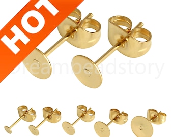 100-200 st. förgyllda örhängesstift i kirurgiskt rostfritt stål/ örhängesblanka/ hypoallergena baskomponenter/ limstift (3-8 mm dyna)