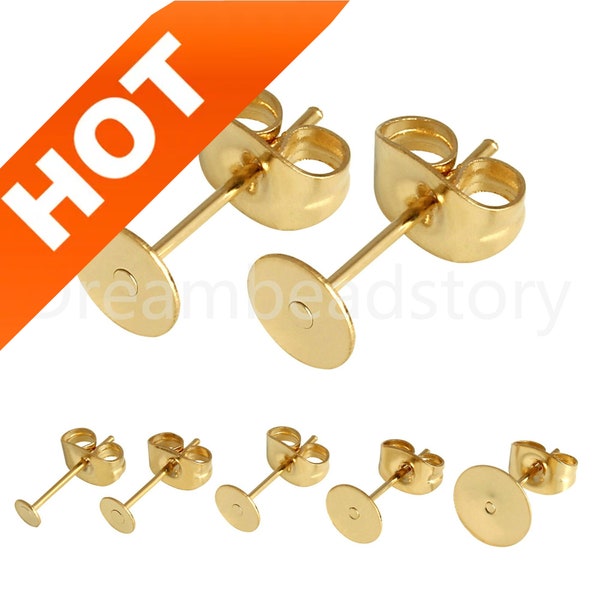 100-200 Pcs Gold Plated Surgical Stainless Steel Earring Posts/ Earring Blank/ Hypoallergenic Base Components/  Glue On Studs (3-8mm Pad)