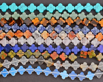 Cuentas de trébol de cuatro hojas con aventurina natural, cuarzo rosa y ojo de tigre, amuleto de flor de la suerte, cuentas perforadas (14 mm, 2 agujeros)