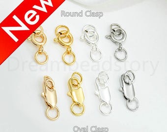 Chiusura robusta per la creazione di gioielli, chiusura a moschettone rotonda a molla/ovale con 2 anelli chiusi, placcata in oro bianco/argento 14K/18K su ottone