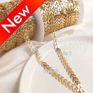 0.5-100 Yards 14K Real Gold Plated Leaf Chain, Flat Arrow Designer Chain, Decorative Herringbone Chain Supply