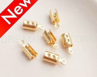 Round Leather End Caps - 14K Gold Plated Over Brass Connectors Cord Ends - Chain End Clasps with Loop (4/2.5mm Width)