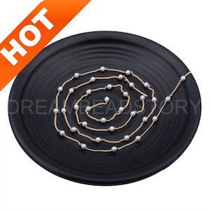 Cadena de perlas de 1 a 100 yardas para hacer joyas, chapada en oro real de 14 quilates con perla de imitación, regalo minimalista, elegante y delicado.