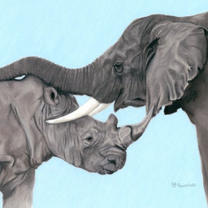 Elephant and Rhino Art Digital Download, Endangered Species Art