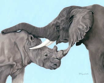 Elephant and Rhino Art Print, Endangered Species Art -Fine Art Giclee Print of an Original Pawstel