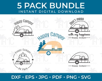 Happy Camper SVG, funny camping saying clipart bundle for cricut and silhouette cutting machines.