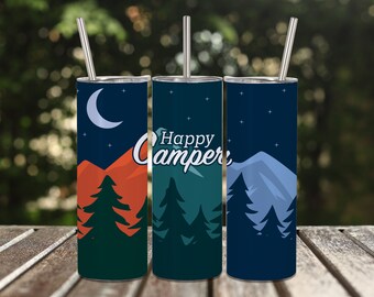 Camping skinny tumbler wrap png, Happy Camper sublimation wrap, camping quote, gift idea for campers and hikers, forest, mountains design