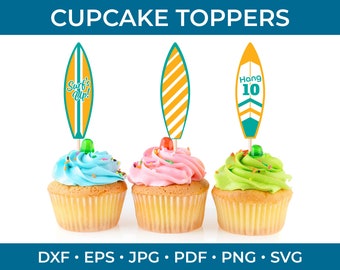 Surfboard cupcake toppers, Surfing theme SVG cupcake toppers, Surfer cake toppers, Kids beach boho birthday, Surf's up & hang 10 party