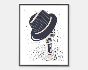 Music art print of fedora hat and vintage microphone. This Digital print is perfect home decor for music fans, musicians and songwriters.