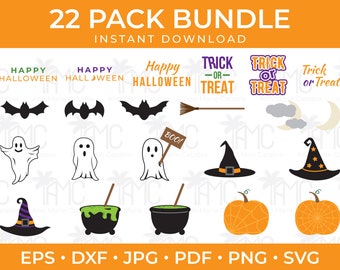 Happy Halloween SVG Bundle | Pumpkins, ghosts, witch hats and bats | Cut Files