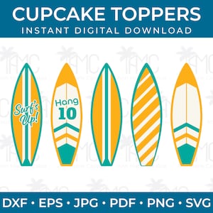 Surfing theme cupcake toppers for kids birthday party, Surfboard SVG cake topper, Beach boho birthday, surf themed party decorations