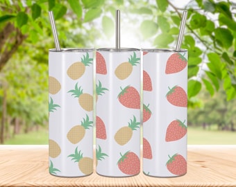 Fruit pattern tumbler design, PNG Sublimation design, Pineapple and strawberry tumbler wrap, Summertime fruit design, 20oz skinny cup wrap