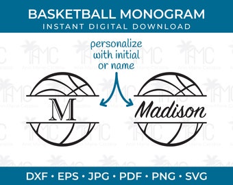 Basketball Monogram Cut file, Sports SVG with personalization. Customize with name or initial. Gift idea for him and her. Sports fan gift