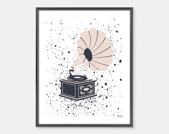 Record Player Art Print with paint splatter. Vintage music phonograph digital print. Wall decor for music fans, musicians and songwriters