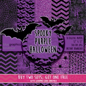 SPOOKY PURPLE HALLOWEEN digital paper, Buy 2 Get 1 Free, Free Commercial Use for Small Business, scrapbook background bat spider owl trick image 1
