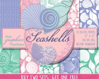 SEASHELLS Digital Paper, Buy 2 Get 1 Free, Free Commercial Use for Small Business, Shell scrapbook, Baby printable, Marine Life, beach