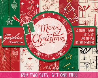 MERRY CHRISTMAS Digital Paper, Buy 2 Get 1 Free, Free Commercial Use for Small Business, Holidays, snowflake, Christmas Tree, gifts