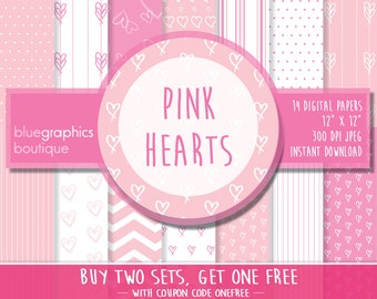 PINK HEARTS Digital Paper, Buy 2 Get 1 Free, Free Commercial Use for Small Business - scrapbook background love anniversary card bridal baby