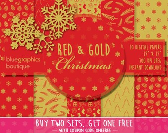 CHRISTMAS RED & GOLD Digital Paper, Buy 2 Get 1 Free, Free Commercial Use for Small Business, scrapbook, snow flake, card, planner, feather