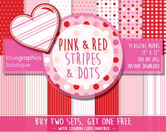 DOTS and STRIPES Pink Red Digital Paper, Buy 2 Get 1 Free, Free Commercial Use for Small Business, scrapbook, background, love, card, craft