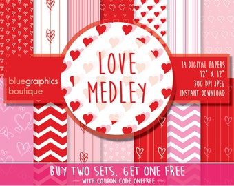 LOVE MEDLEY Heart Digital Paper, Buy 2 Get 1 Free, Free Commercial Use for Small Business, scrapbook background card anniversary wedding