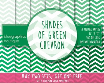 GREEN CHEVRON Digital Paper, Buy 2 Get 1 Free, Free Commercial Use for Small Business - green scrapbook paper, Saint Patrick, green chevron