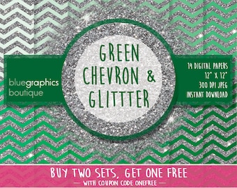 GREEN CHEVRON & GLITTER Saint Patrick Digital Paper, Buy 2 Get 1 Free, Free Commercial Use for Small Business, scrapbook Irish green silver