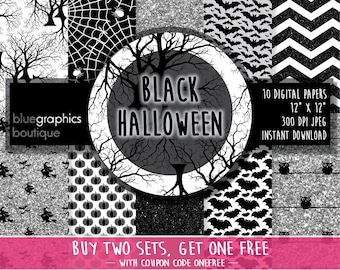 BLACK HALLOWEEN Digital Paper, Buy 2 Get 1 Free, Free Commercial Use for Small Business, scrapbook, bat, glitter, black&white trick-or-treat