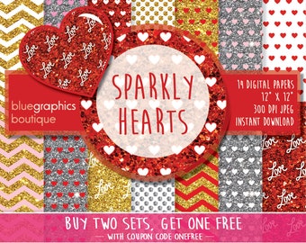 GLITTER HEARTS Sparkly Digital Paper, Buy 2 Get 1 Free, Free Commercial Use for Small Business,scrapbook craft love card wedding gold bridal