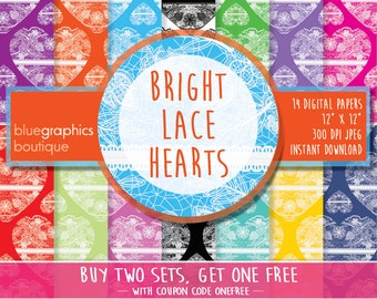 BRIGHT LACE HEARTS Digital Paper, Buy 2 Get 1 Free, Free Commercial Use for Small Business - scrapbook craft card anniversary bridal bright