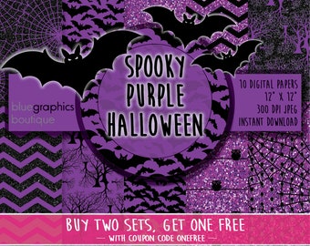 May include: A set of 10 digital papers featuring a spooky purple Halloween theme. The papers include various patterns, such as bats, glitter, spiderwebs, and chevron designs. The papers are 12 inches by 12 inches and 300 DPI JPEG. The text "SPOOKY PURPLE HALLOWEEN" is displayed in a large, bold font. The text "BUY TWO SETS, GET ONE FREE - WITH COUPON CODE ONEFREE" is displayed in a smaller font.