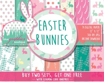 EASTER BUNNIES Digital Paper, Buy 2 Get 1 Free, Free Commercial Use for Small Business, Easter scrapbook papers, Easter printable, bunny