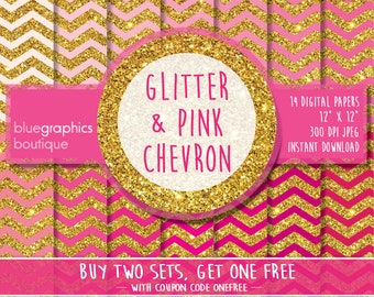 GLITTER and PINK CHEVRON Digital Paper, Buy 2 Get 1 Free, Free Commercial Use for Small Business, scrapbook, craft, background, card, bridal