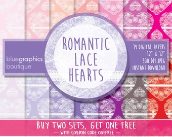 Romantic LACE HEARTS Digital Paper, Buy 2 Get 1 Free, Free Commercial Use for Small Business, scrapbook, planner, card, anniversary, bridal