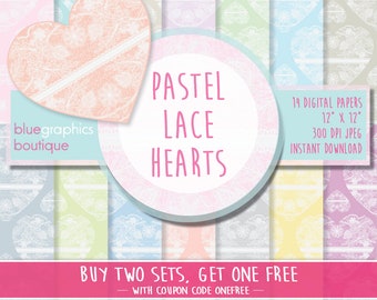 Pastel LACE HEARTS Digital Paper, Buy 2 Get 1 Free, Free Commercial Use for Small Business, scrapbook anniversary card baby nursery bridal